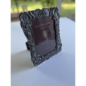 Jennifer Moore Picture Frame 5x7” Silvertone Vintage FLOWERS & Scroll Design
